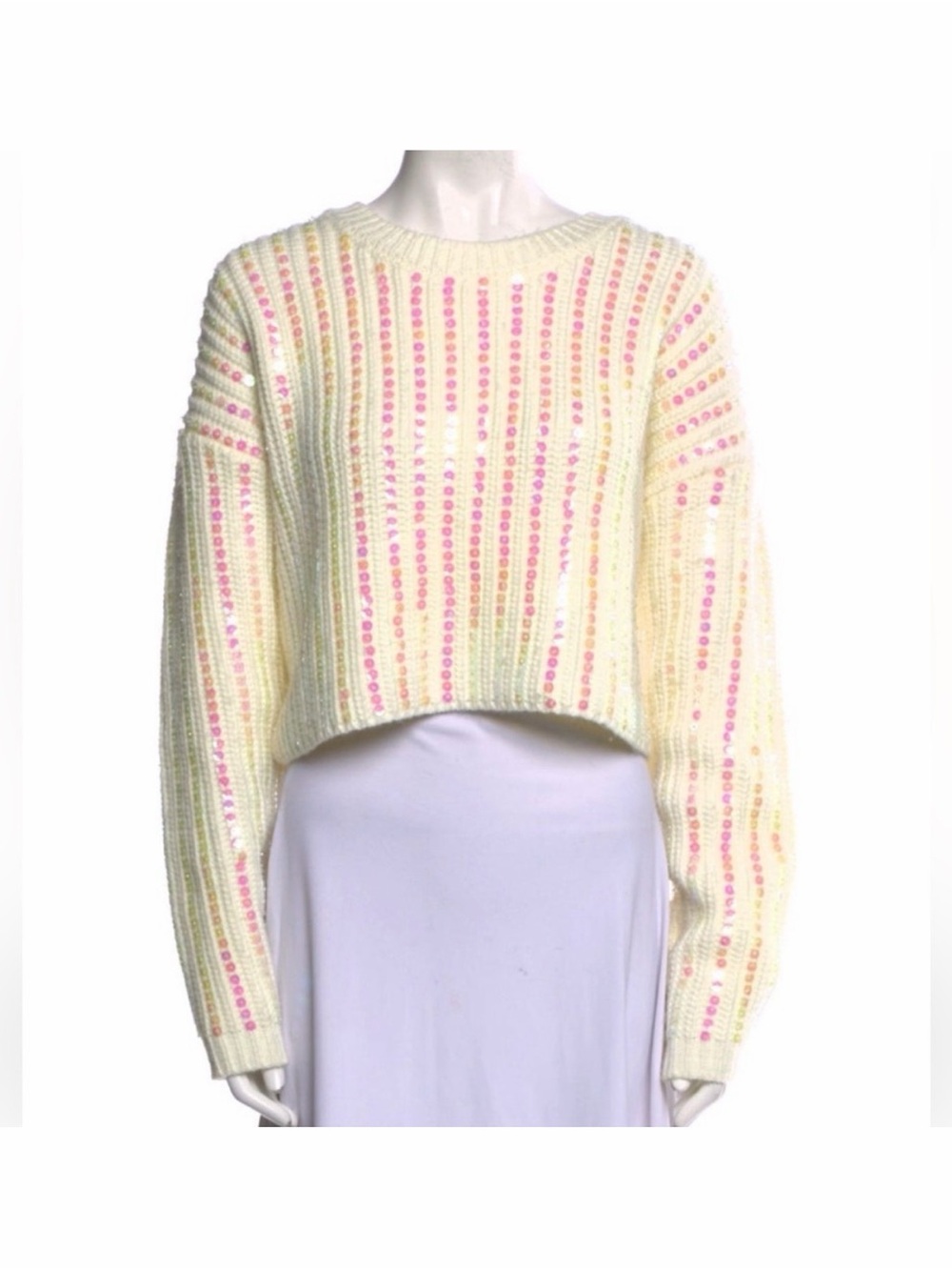 Cinq a Sept Cropped Cream Sweater with Sequin Stripes NWOT